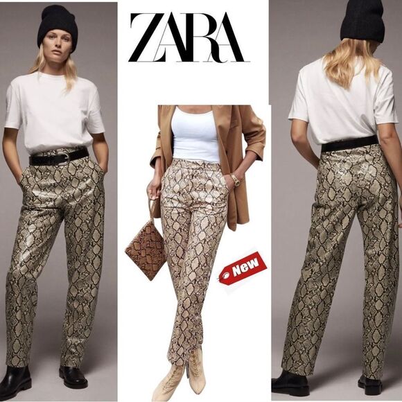 Zara Snake Print Faux Leather Pants Sand Brown High Waist Sz S - Picture 1 of 17